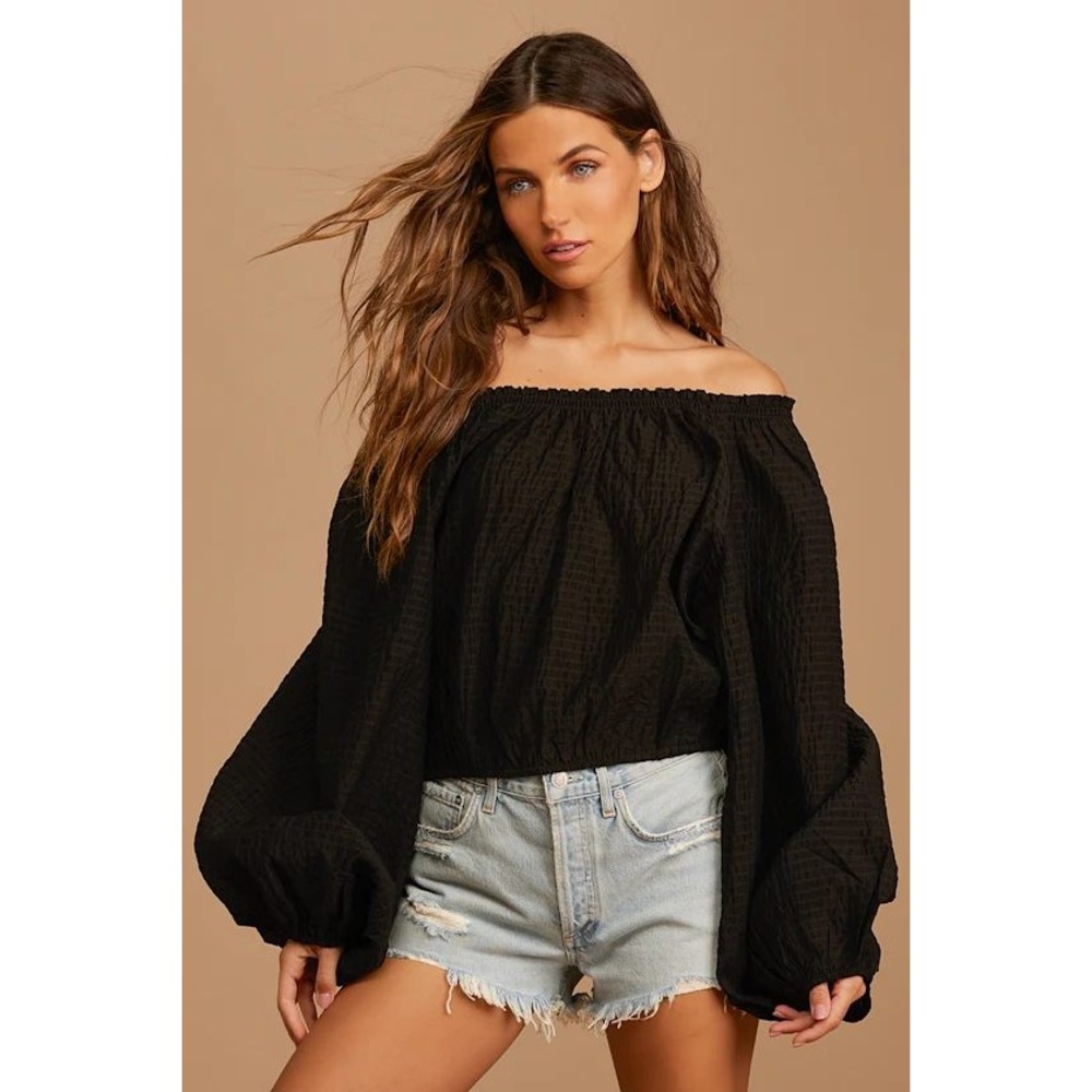Free People Black Textured Balloon Sleeve Crop Top Blouse XS Off Shoulder Wrap
